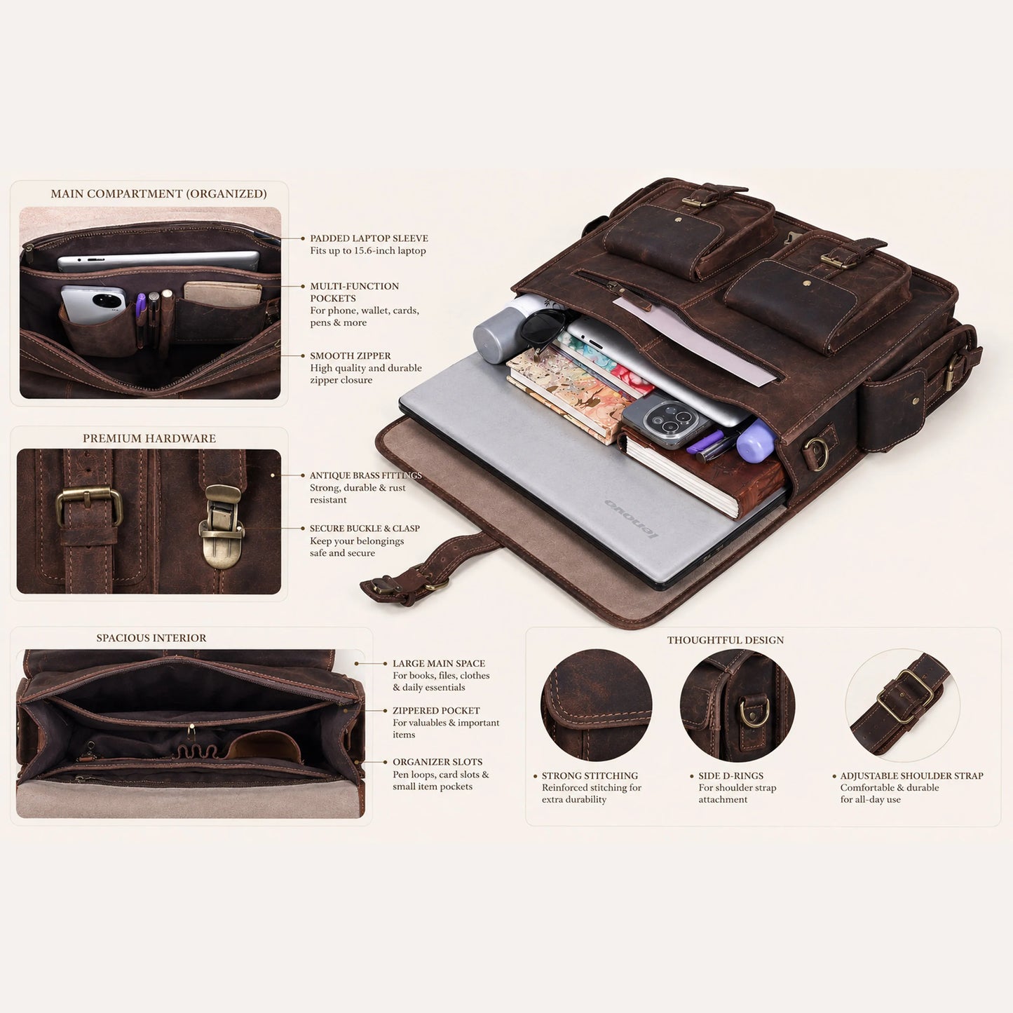 Multi Pocket Vintage Leather Messenger Bag