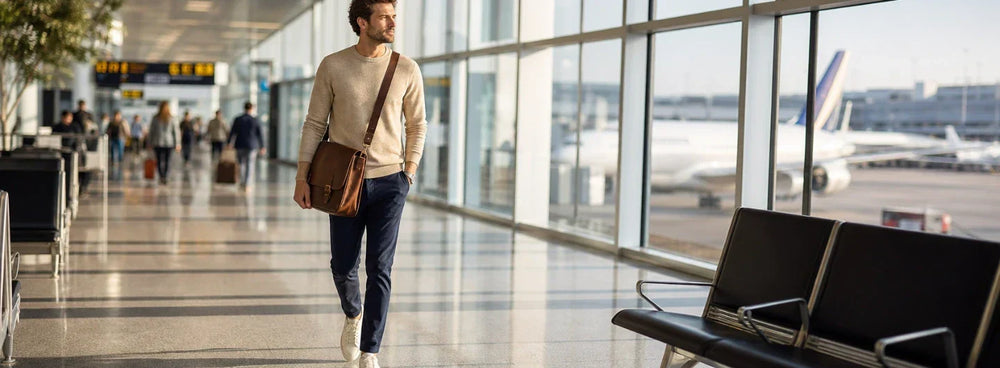 What to Wear at the Airport With a Brown Leather Messenger Bag