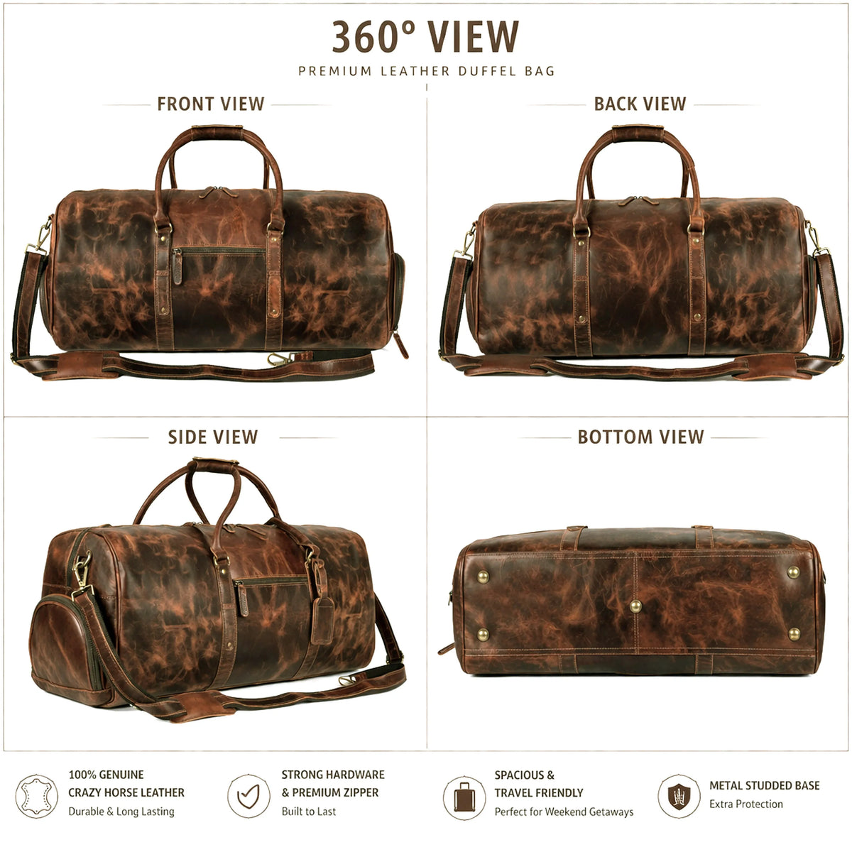 Full Grain Buffalo Leather Duffle Travel Bag