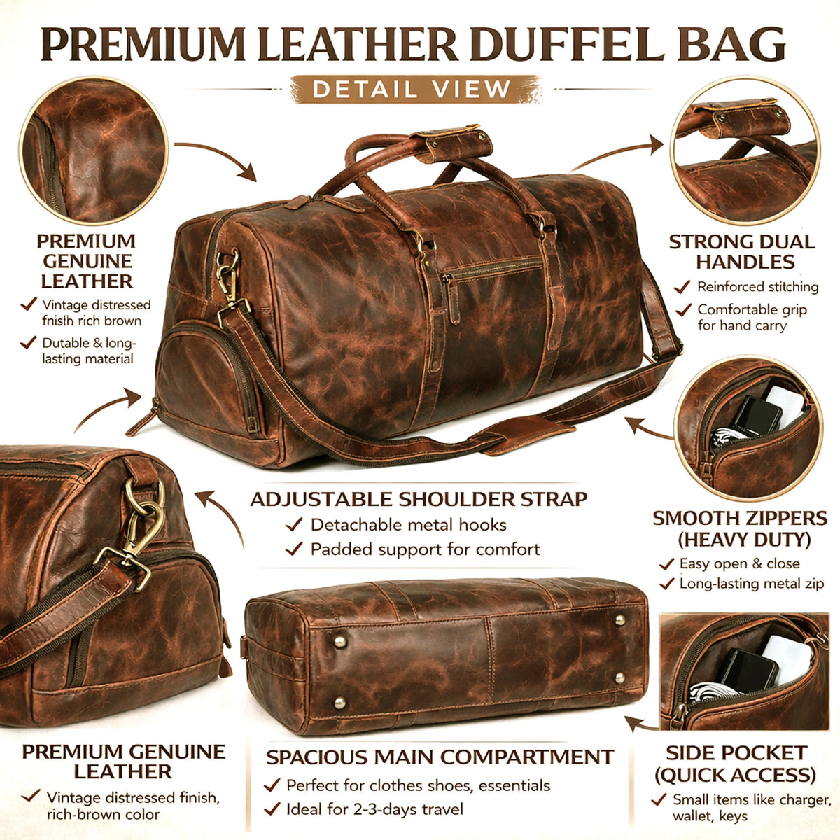 Full Grain Buffalo Leather Duffle Travel Bag