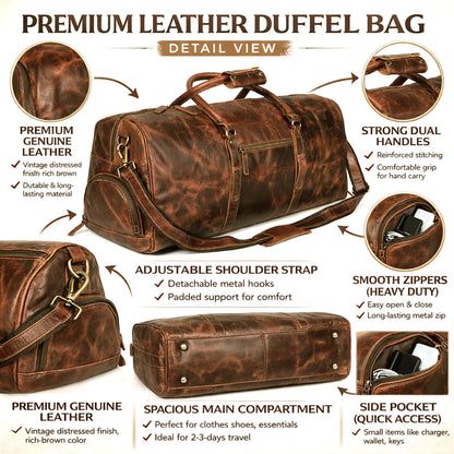 Full Grain Buffalo Leather Duffle Travel Bag