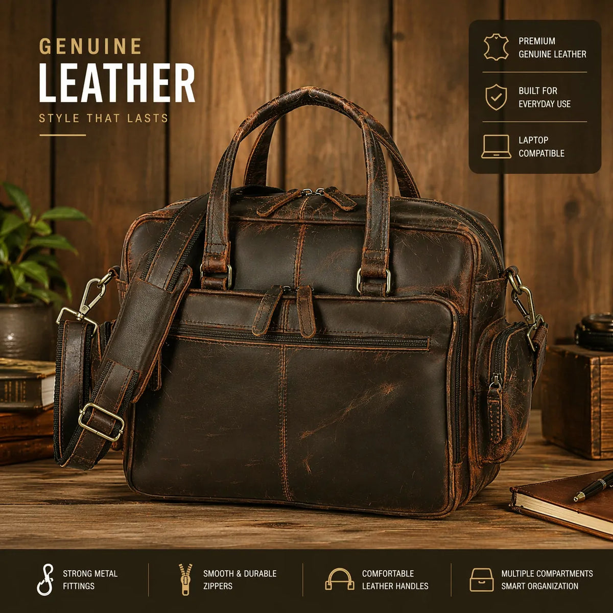 Vintage Retro Buffalo Leather Briefcase