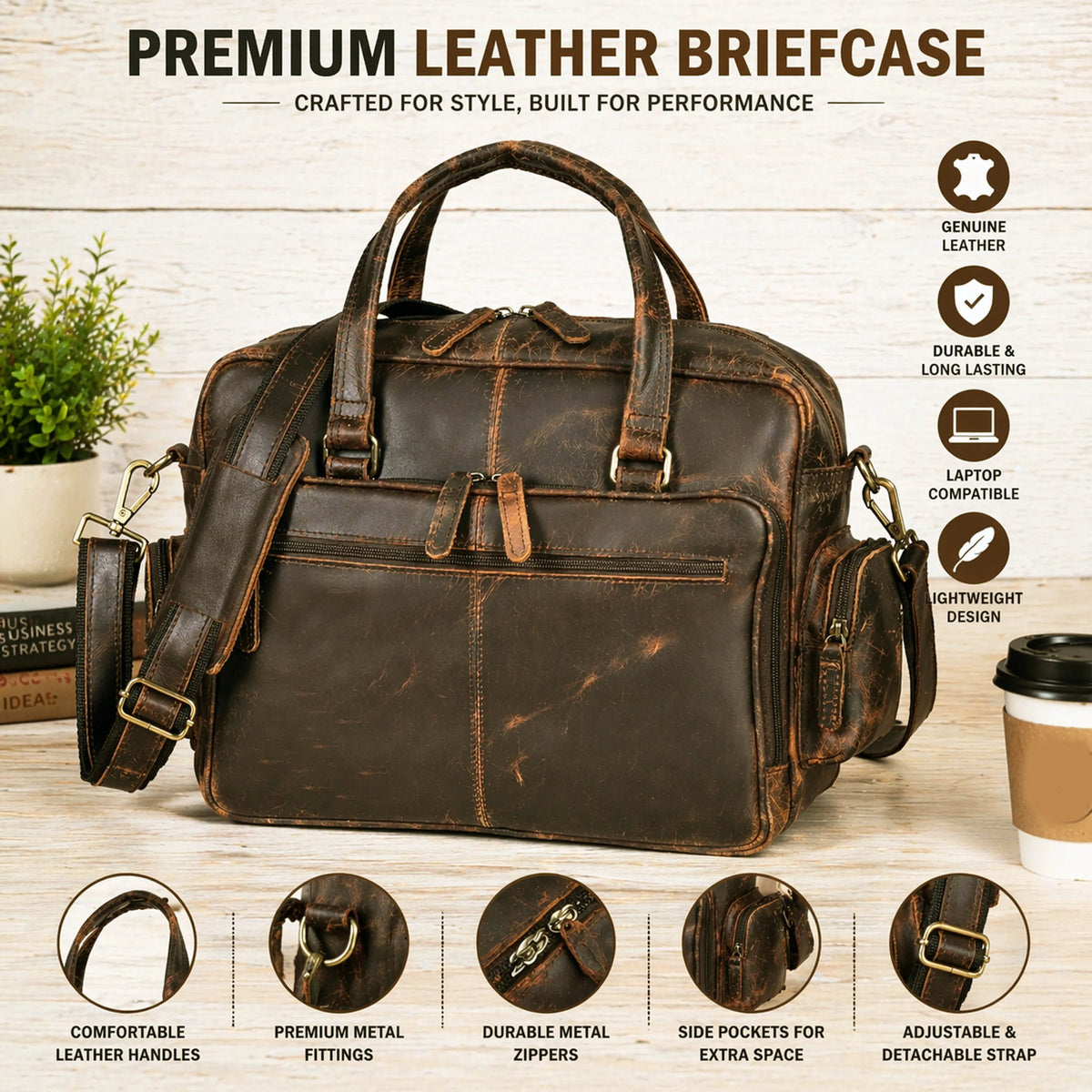 Vintage Retro Buffalo Leather Briefcase