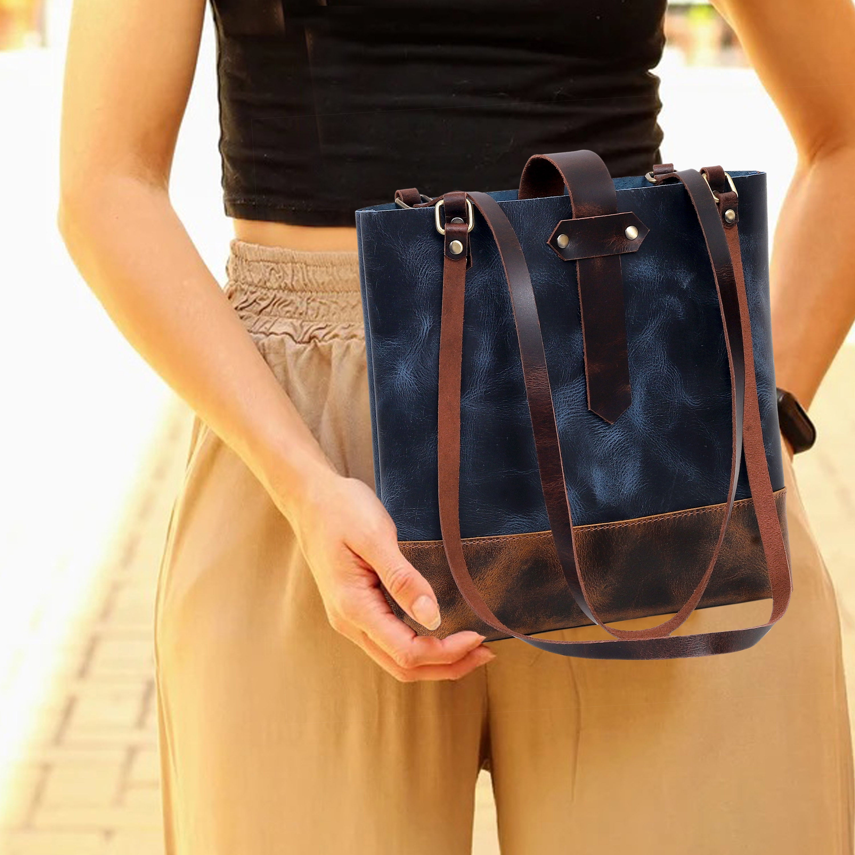 Midnight Contrast Leather Tote – Bold, Chic & Built to Last