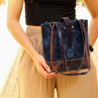 Midnight Contrast Leather Tote Bag