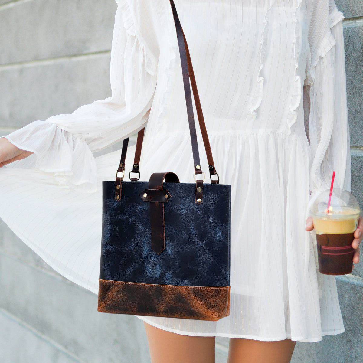 Midnight Contrast Leather Tote Bag