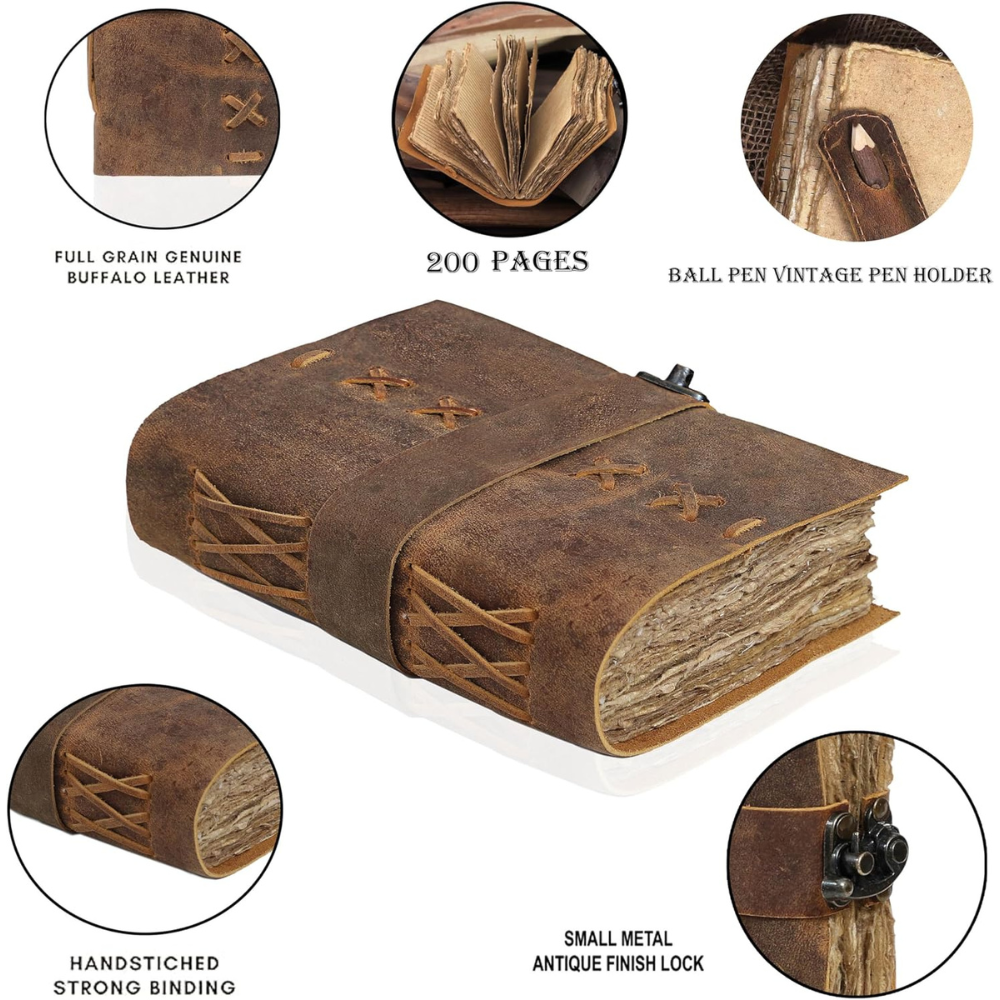 Leather Bound Vintage Journal for Women & Men - Book of Shadows - Lock Closure - 200 Pages