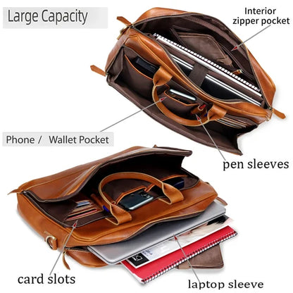 Tan Leather Office Briefcase for Men and Women