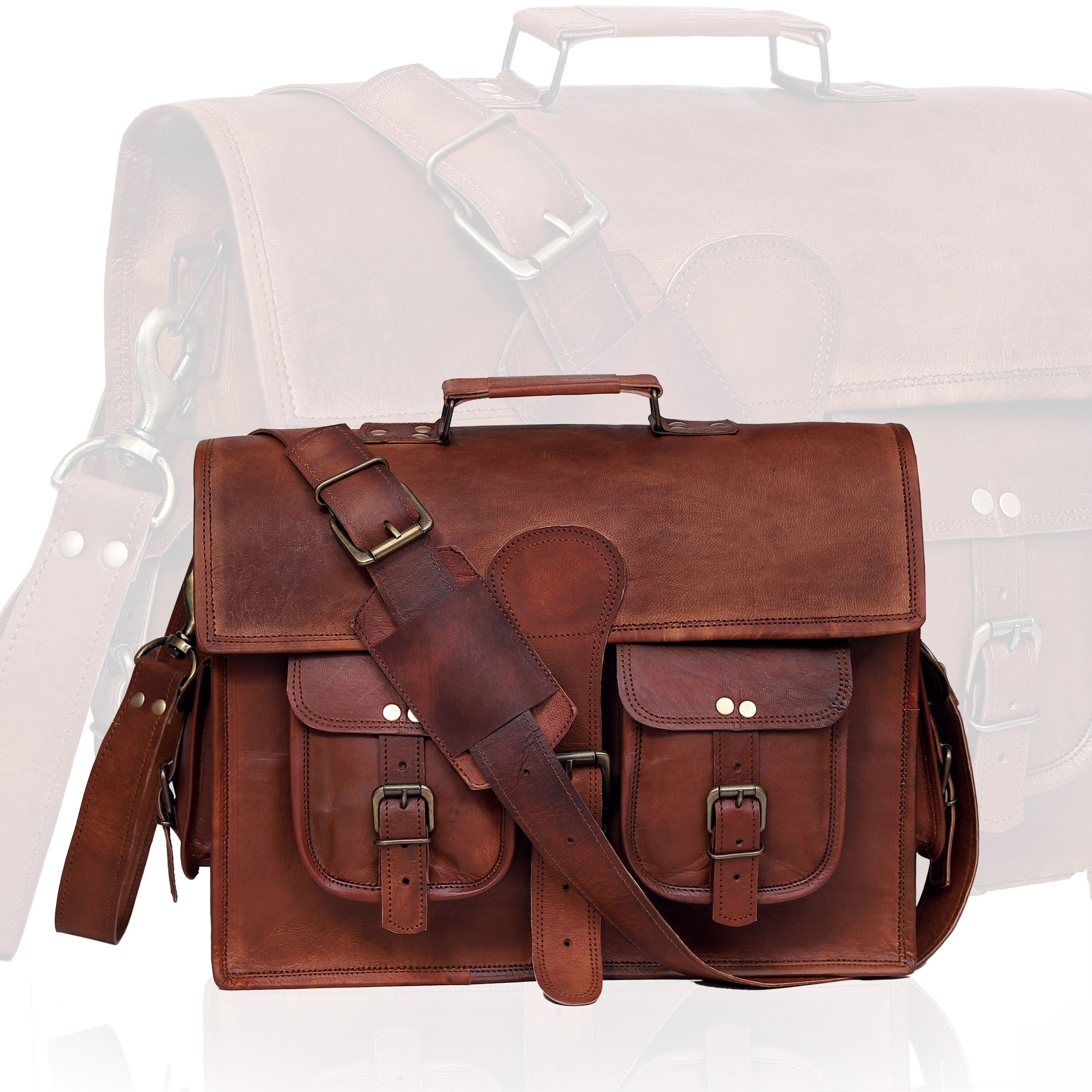 16" Vintage Leather Messenger Bag – Large Handmade Satchel Briefcase for Men & Women