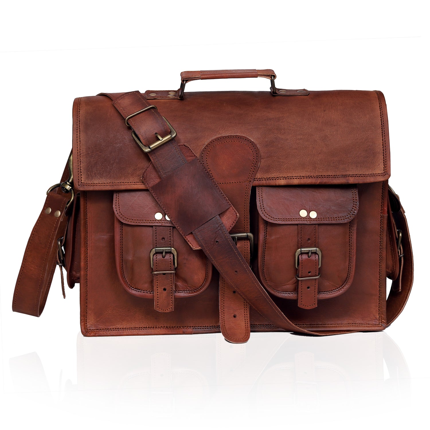 18" Vintage Leather Messenger Bag – Large Handmade Satchel Briefcase for Men & Women