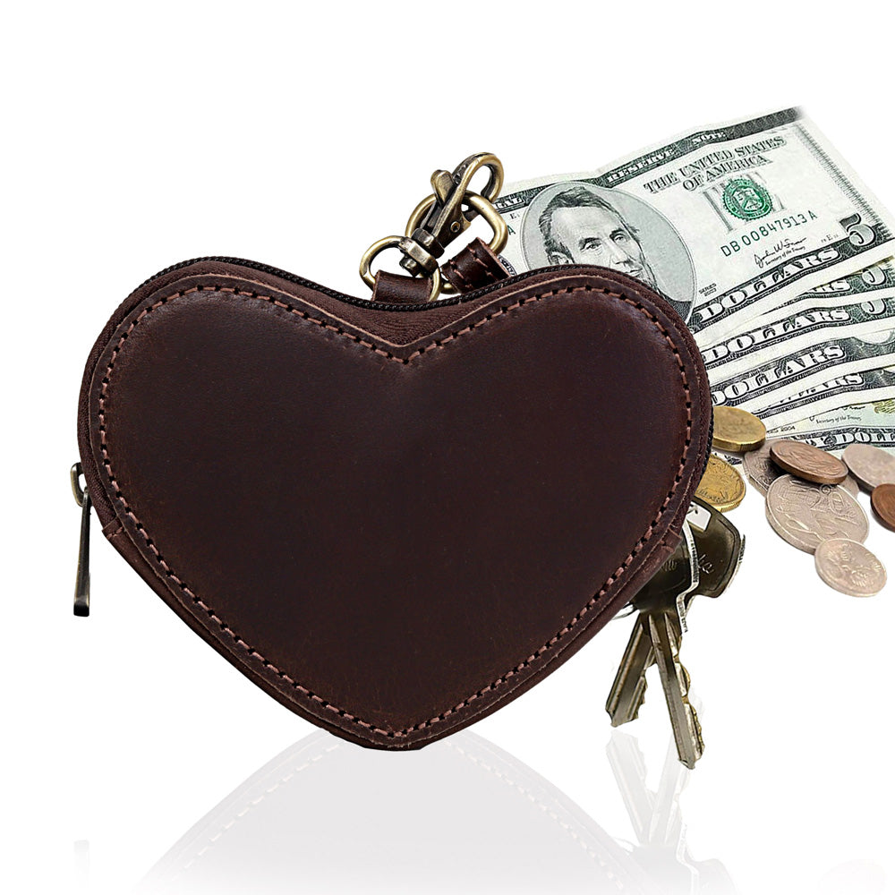 Heart Shaped Brown Leather Coin Purse Wristlet