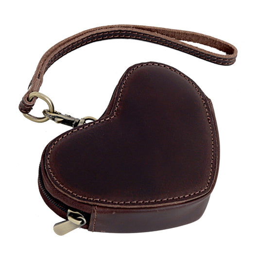Heart Shaped Brown Leather Coin Purse Wristlet