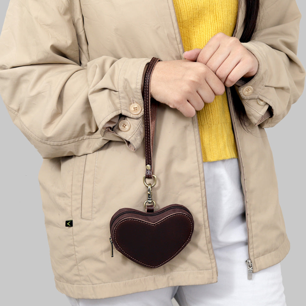 Heart Shaped Brown Leather Coin Purse Wristlet