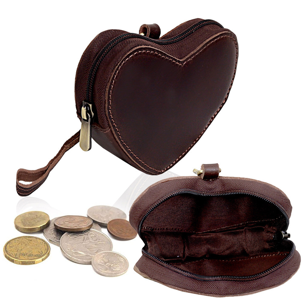 Heart Shaped Brown Leather Coin Purse Wristlet