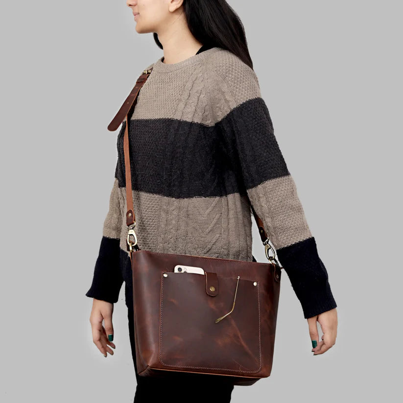 SYDNEY BUFFALO LEATHER TOTE - BROWN