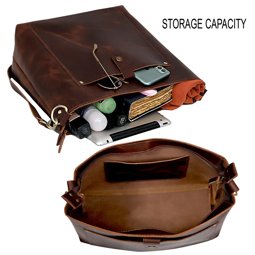 SYDNEY BUFFALO LEATHER TOTE - BROWN