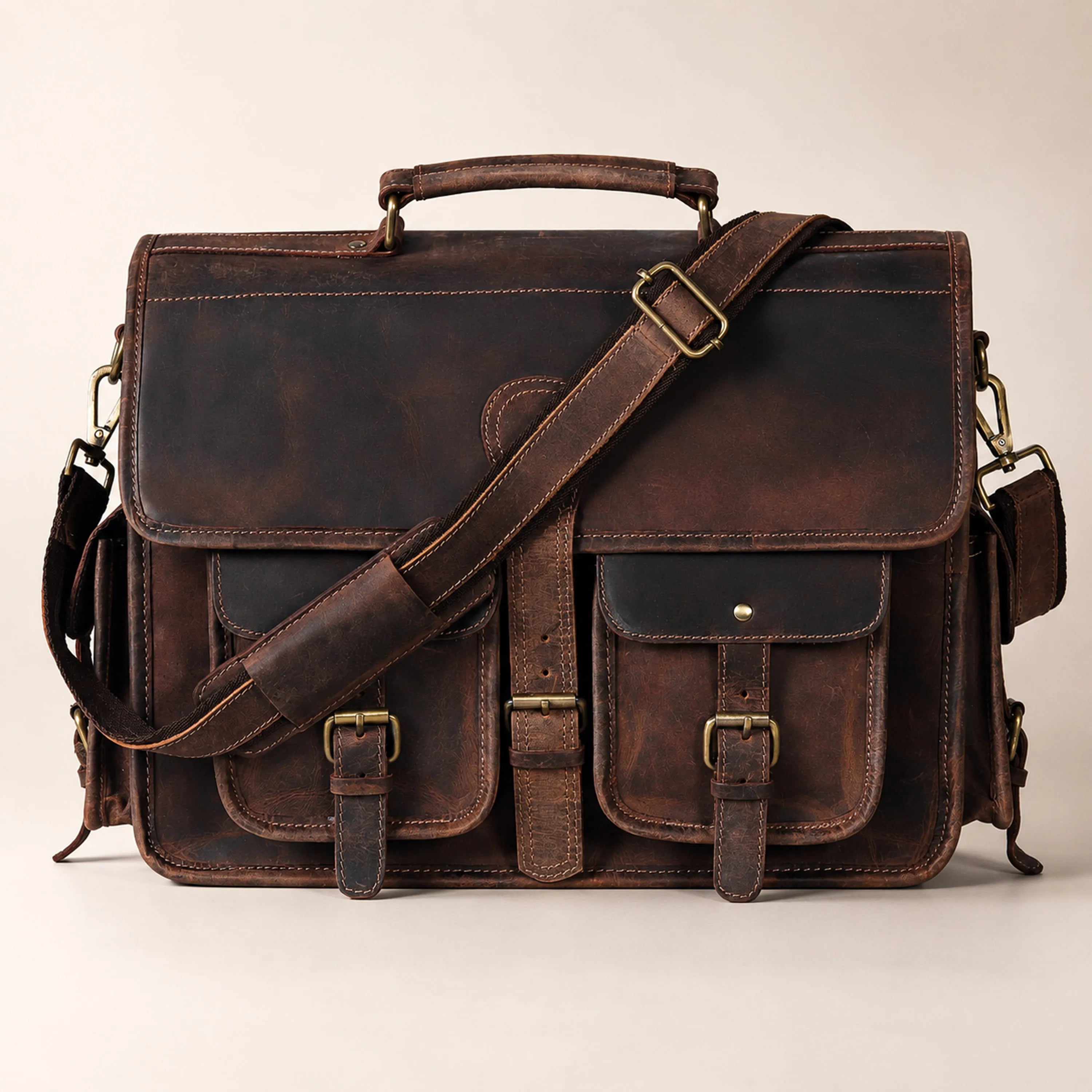 Multi Pocket Vintage Leather Messenger Bag