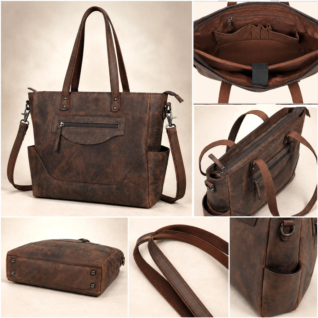 Vintage Brown Leather Carryall Tote – Rustic Everyday Work Bag