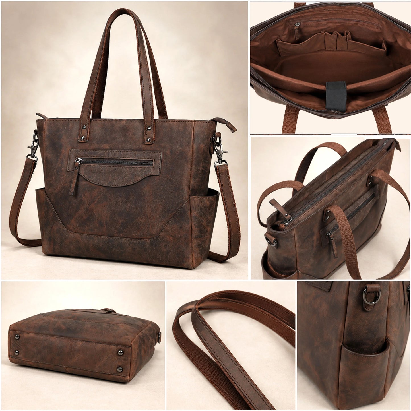 Vintage Brown Leather Carryall Tote – Rustic Everyday Work Bag