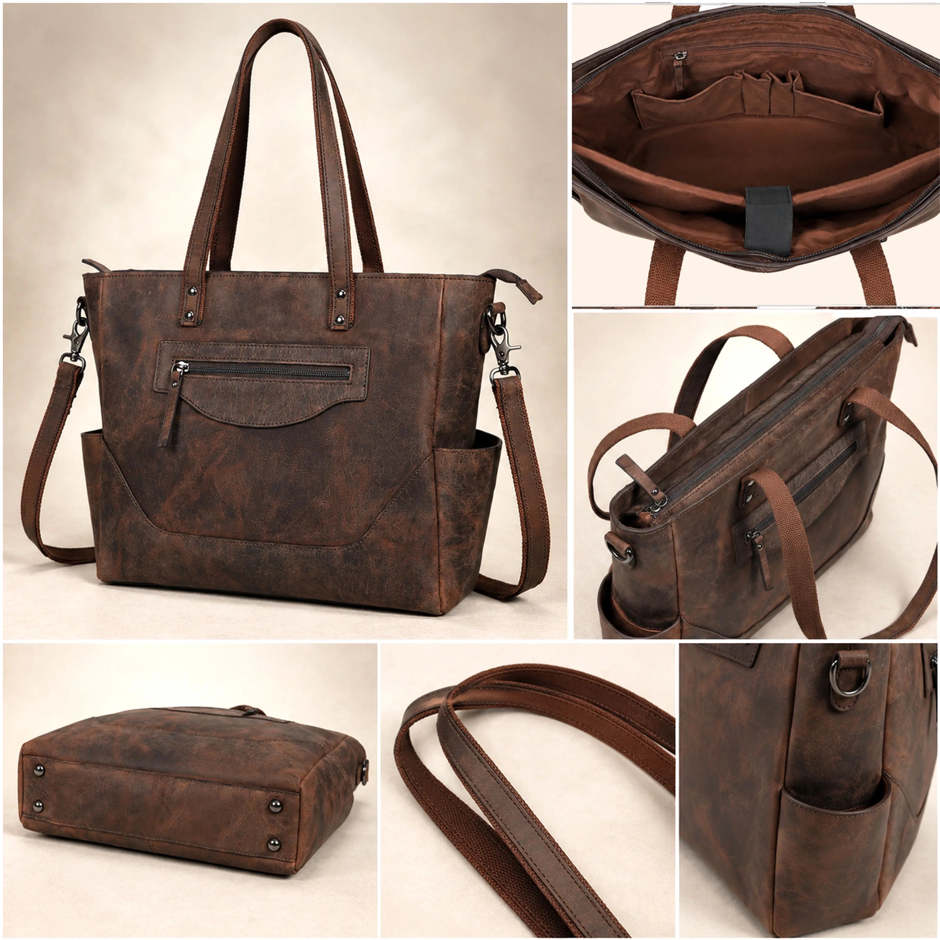 Vintage Brown Leather Carryall Tote – Rustic Everyday Work Bag