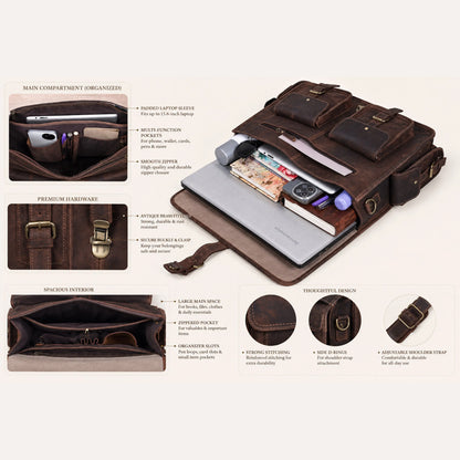 Multi Pocket Vintage Leather Messenger Bag