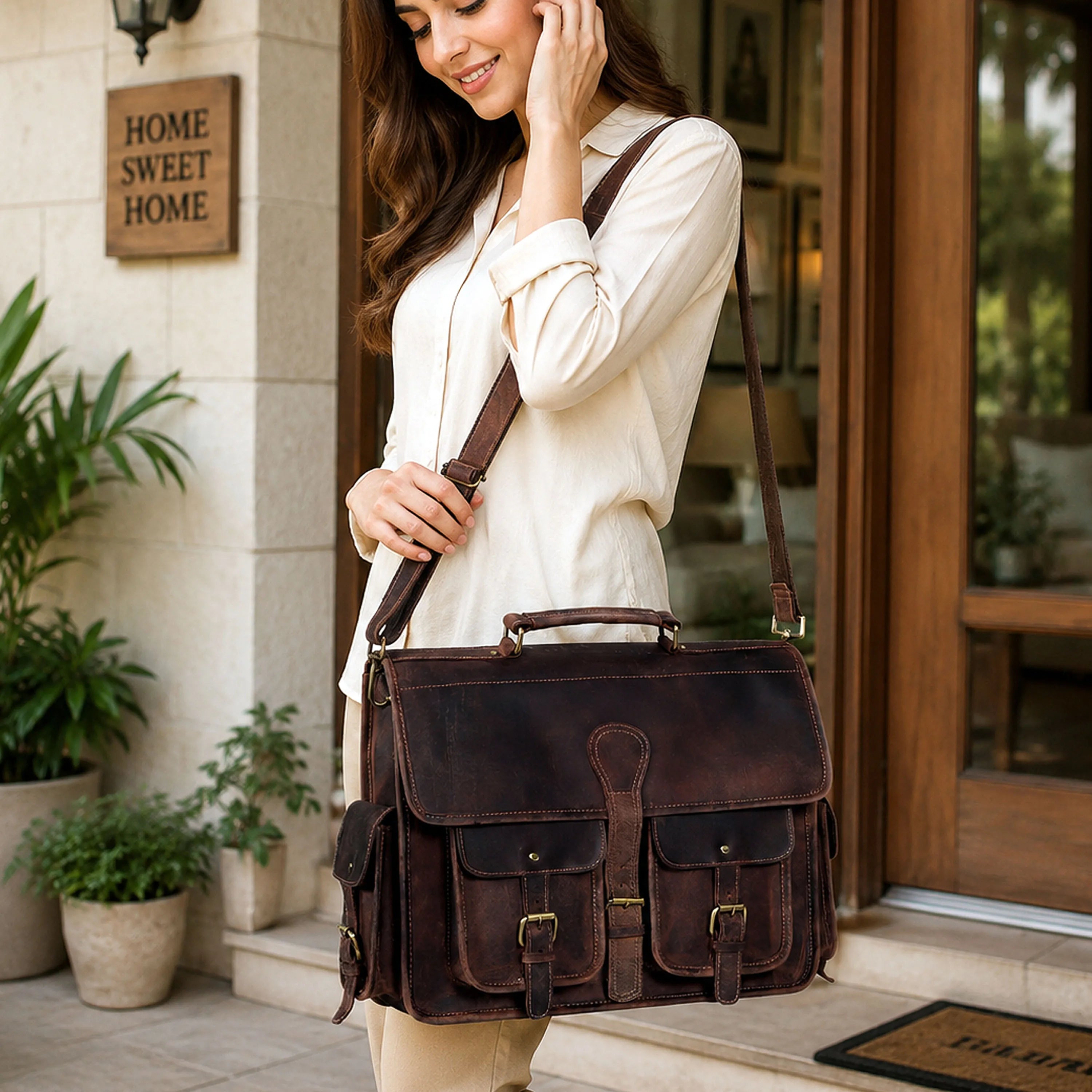 Multi Pocket Vintage Leather Messenger Bag