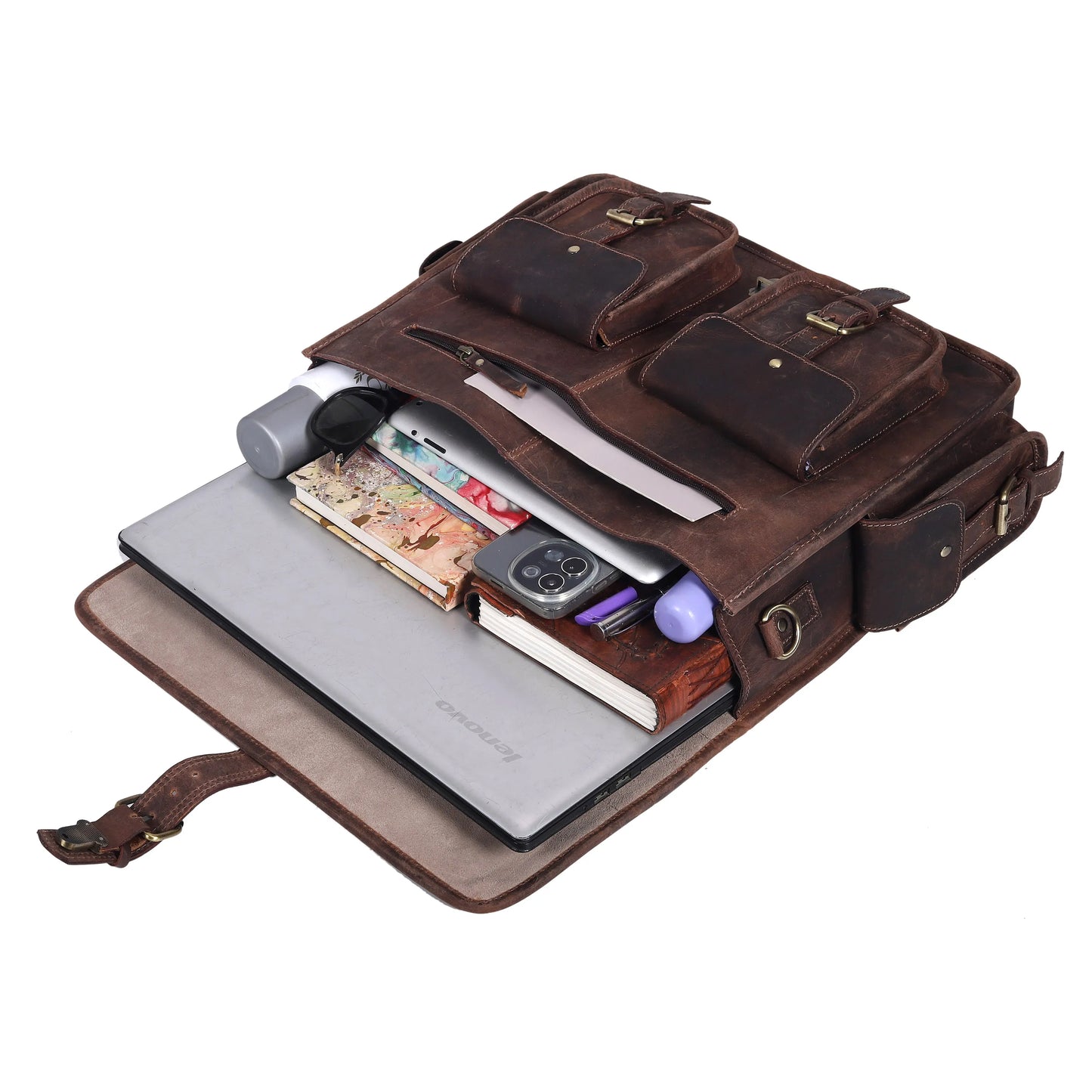 Multi Pocket Vintage Leather Messenger Bag