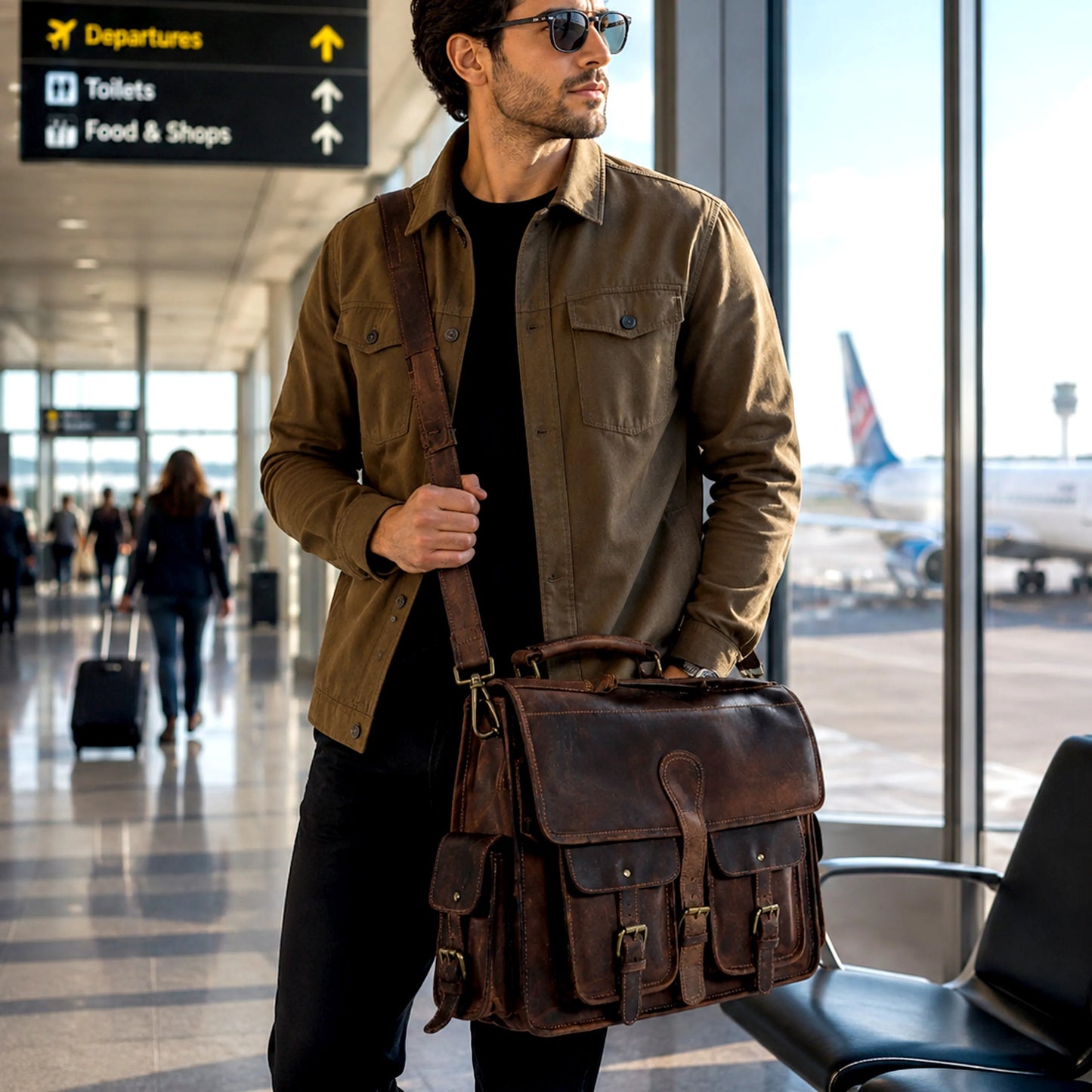 Multi Pocket Vintage Leather Messenger Bag