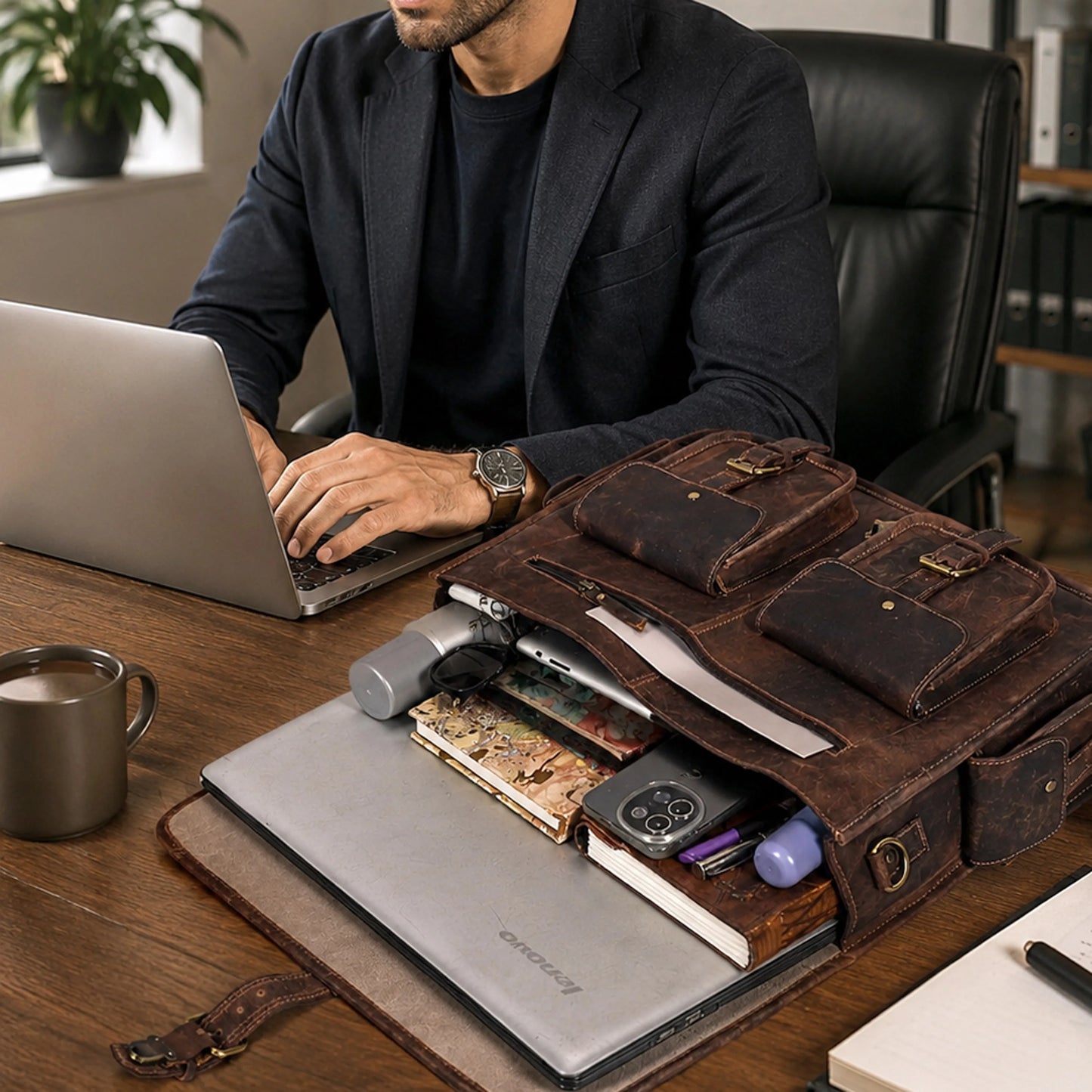 Multi Pocket Vintage Leather Messenger Bag