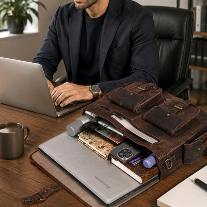 Multi Pocket Vintage Leather Messenger Bag