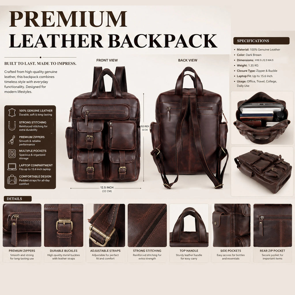 Multiutility Leather Backpack For Work & Travel