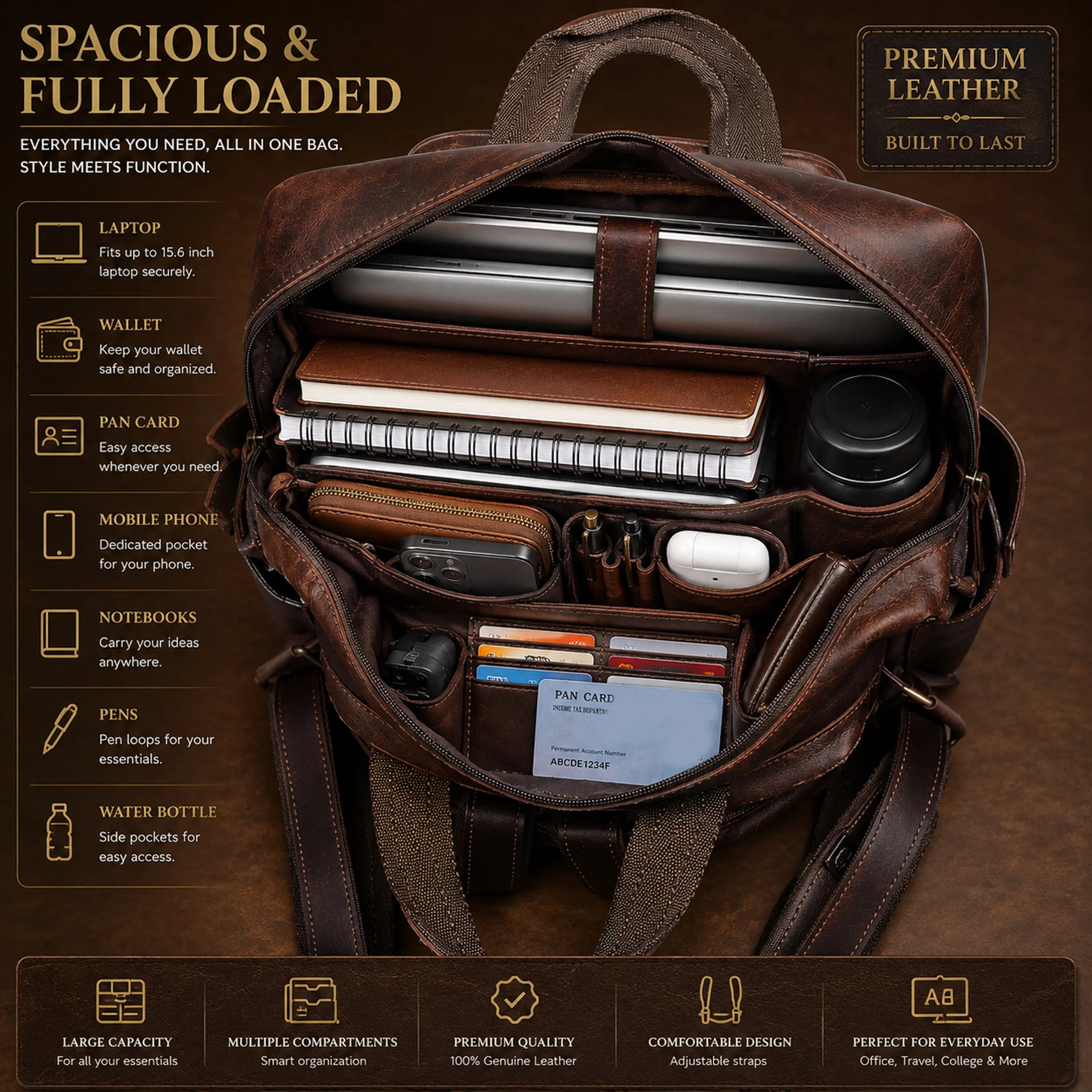 Leather Backpack for Work & Travel with Laptop Compartment