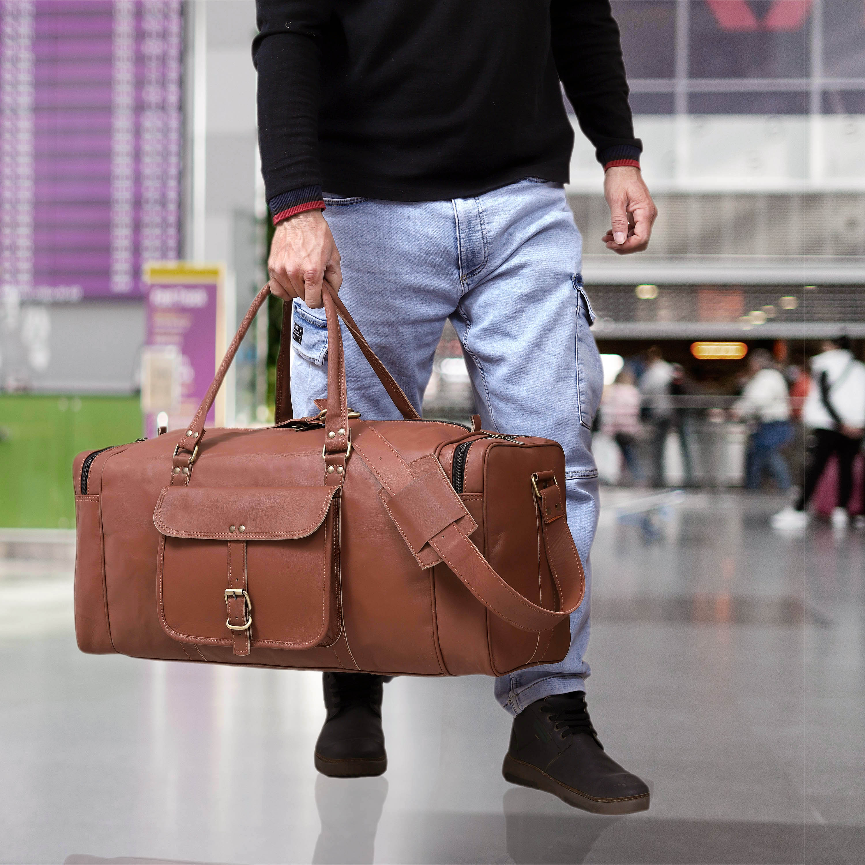 Classic Leather Duffel Bag – Genuine Full-Grain Leather Travel Bag