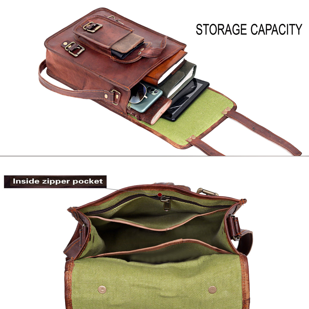 Vintage Leather Crossbody Bag with Front Buckle Pocket – Rugged Messenger Satchel