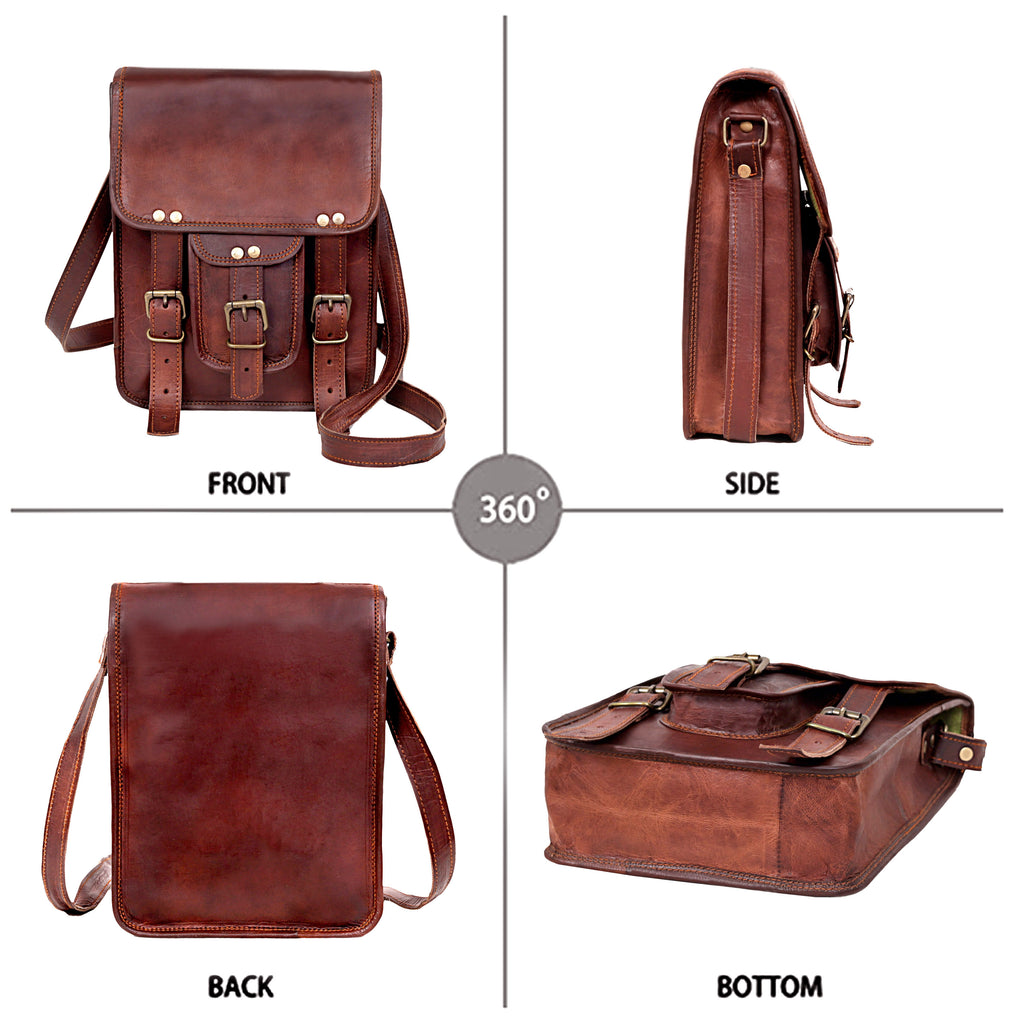 Vintage Leather Crossbody Bag with Front Buckle Pocket – Rugged Messenger Satchel