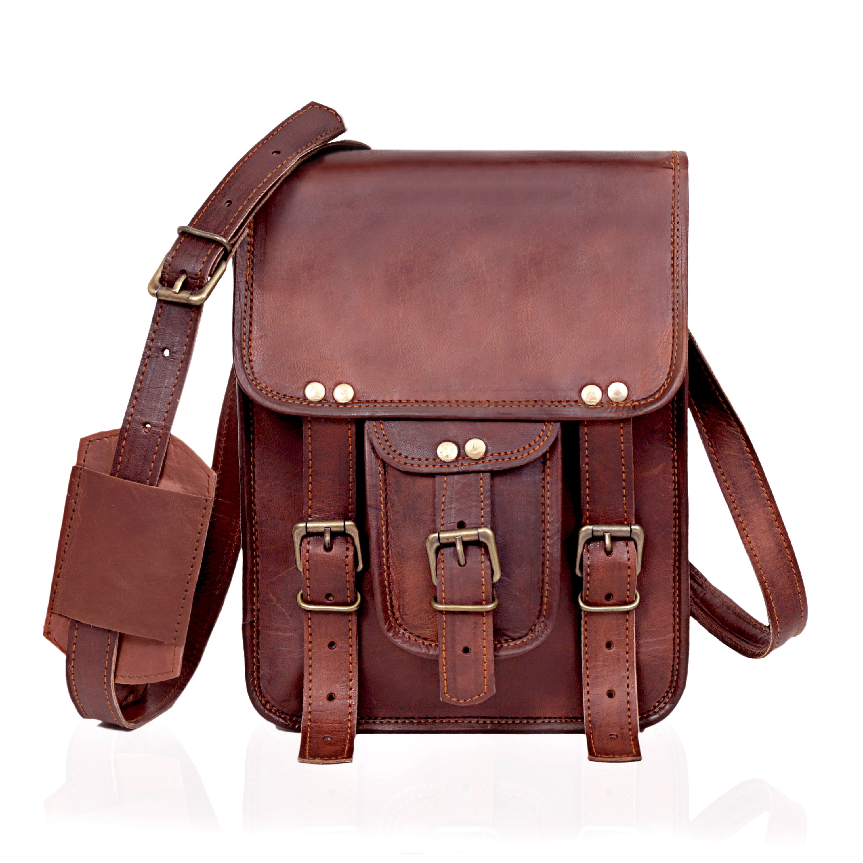 Vintage Leather Crossbody Bag with Front Buckle Pocket – Rugged Messenger Satchel