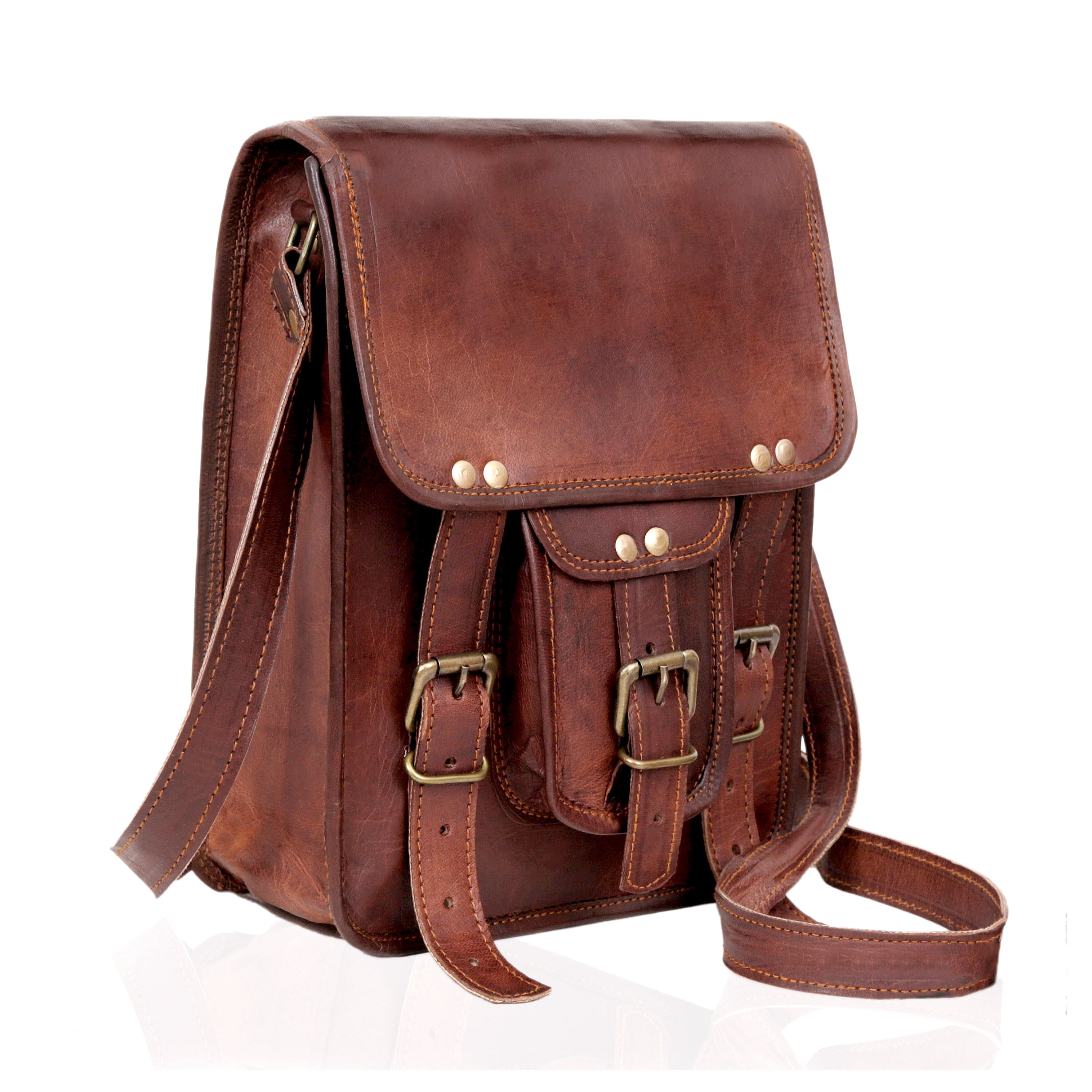 Vintage Leather Crossbody Bag with Front Buckle Pocket – Rugged Messenger Satchel