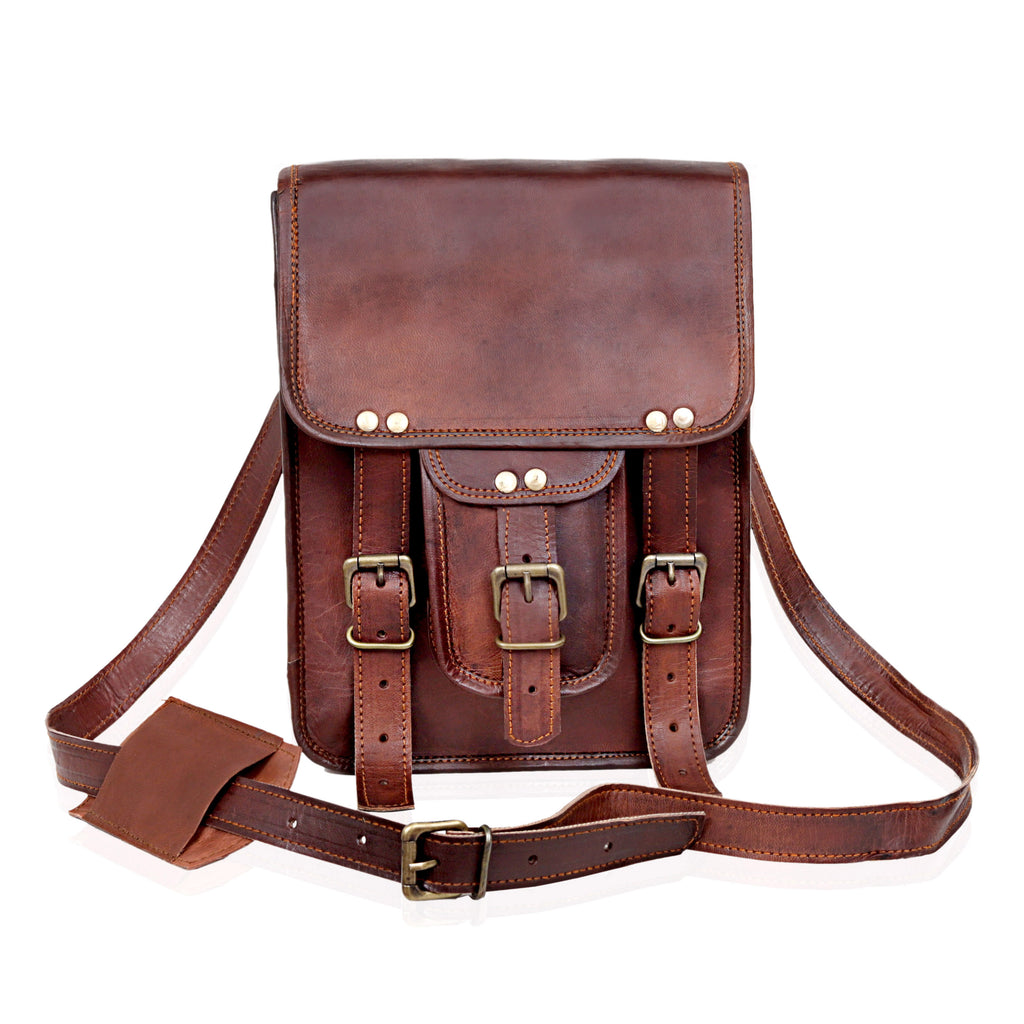 Vintage Leather Crossbody Bag with Front Buckle Pocket – Rugged Messenger Satchel